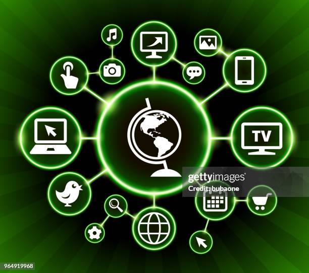 globe internet communication technology dark buttons background - hand on computer mouse stock illustrations