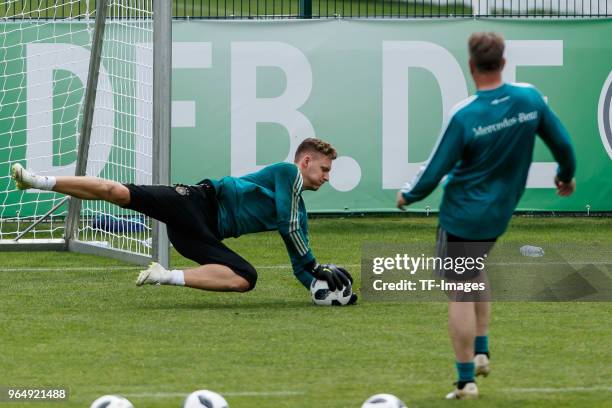 Goalkeeper Bernd Leno of Germany controls the ball during the Southern Tyrol Training Camp day two on May 24, 2018 in Bolzano, Italy.