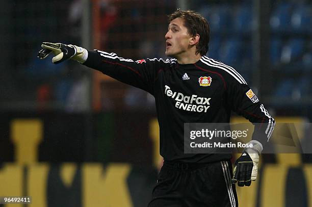 Rene Adler, goalkeeper of Leverkusen gestures during the Bundesliga match between VFL Bochum and Bayer Leverkusen at the Rewirpower stadium on...