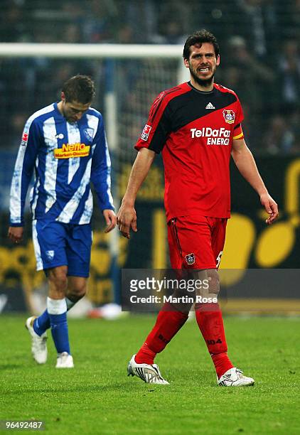Manuel Friedrich of Leverkusen reacts during the Bundesliga match between VFL Bochum and Bayer Leverkusen at the Rewirpower stadium on February 6,...
