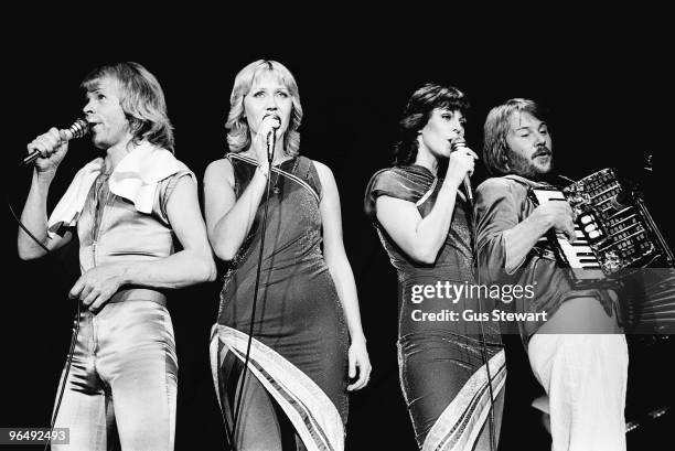 Bjorn Ulvaeus, Agnetha Faltskog, Anni-Frid Lyngstad and Benny Andersson of Abba perform on stage at Wembley Arena on November 9th 1979 in London.
