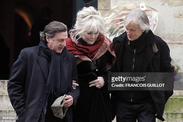 French actor Daniel Auteuil, French singer Armande Altaï and Dutch singer Dave leave the Saint-Roch church following the funeral ceremony for French...