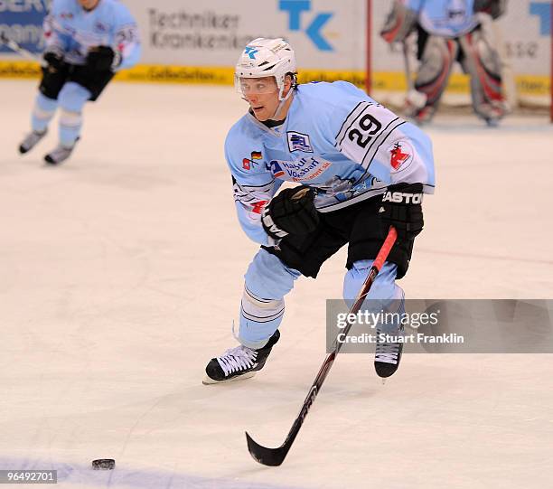 Alexander Barta of Hamburg in action during the DEL match between Hamburg Freezers and Frankfurt Lions at the Color Line Arena on February 5, 2010 in...