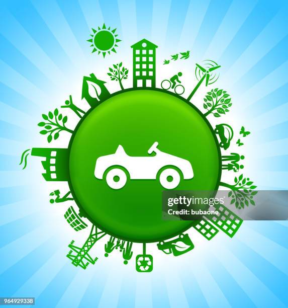 toy car environment green button background on blue sky - young environmentalist stock illustrations