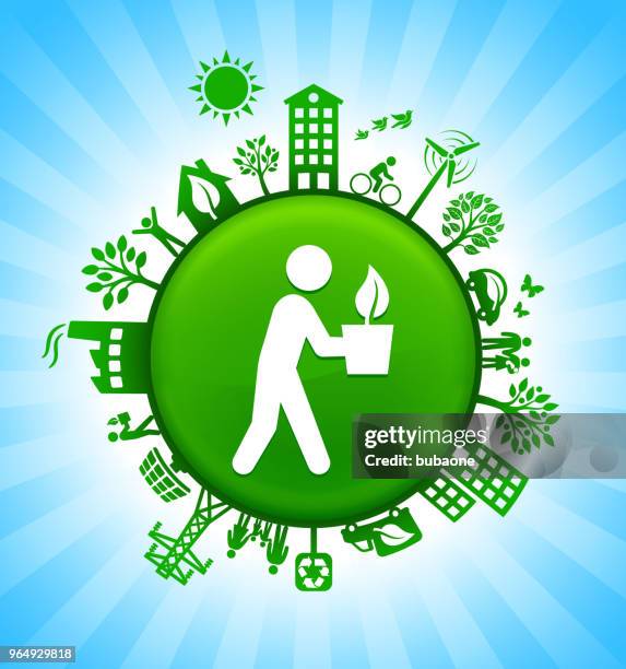 gardening environment green button background on blue sky - holding plant pot stock illustrations