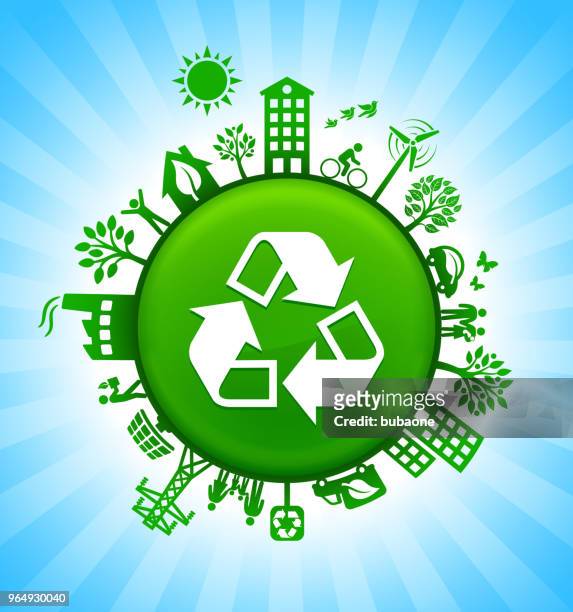 stockillustraties, clipart, cartoons en iconen met recycling van de achtergrond van de groene knop van de omgeving op blauwe hemel - alternatieve brandstofvoertuig
