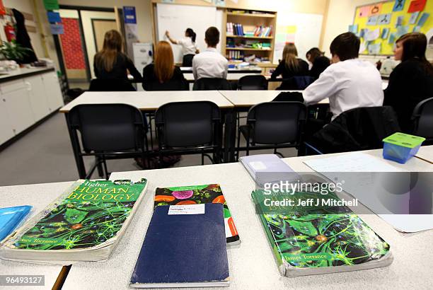 Pupils at Williamwood High School attend a biology class on February 5, 2010 in Glasgow, Scotland. As the UK gears up for one of the most hotly...