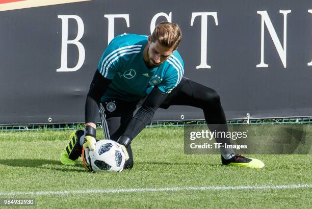 Goalkeeper Kevin Trapp of Germany controls the ball during the Southern Tyrol Training Camp day three on May 25, 2018 in Eppan, Italy.