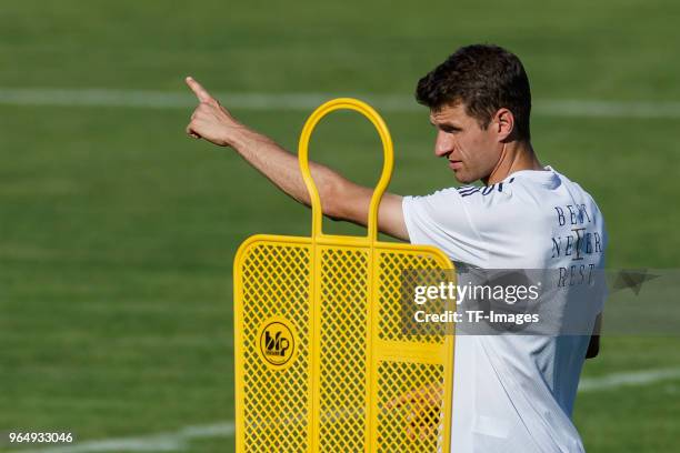 Thomas Mueller of Germany gestures during the Southern Tyrol Training Camp day three on May 25, 2018 in Eppan, Italy.