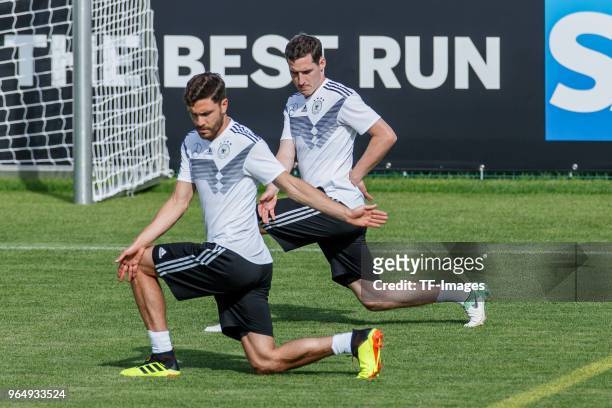Jonas Hector of Germany and Sebastian Rudy of Germany in action during the Southern Tyrol Training Camp day three on May 25, 2018 in Eppan, Italy.