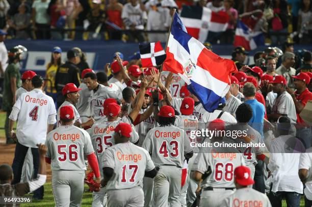 Dominican Republic's Leones del Escogido players celebrate winning the Caribbean Series 2010 after the match against Leones del Caracas at Guatamare...