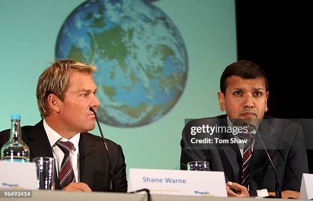 Shane Warne of the Rajasthan Royals and Manoj Badale the Chairman of the Rajasthan Royals talks to the press during the Rajasthan Royals Press...