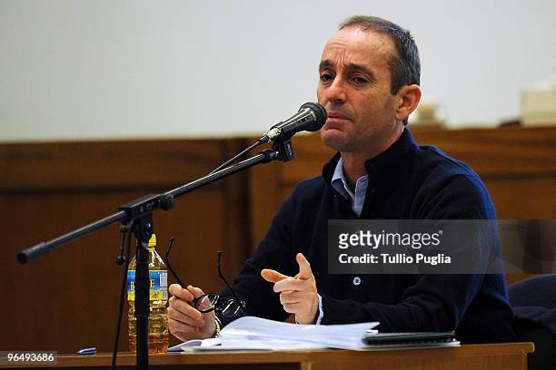 Massimo Ciancimino, son of late former mayor of Palermo Vito Ciancimino, speaks during the Mario Mori trial at the Palermo Bunker Hall on February 8,...