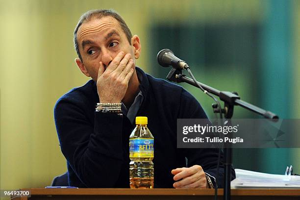 Massimo Ciancimino, son of late former mayor of Palermo Vito Ciancimino, speaks during the Mario Mori trial at the Palermo Bunker Hall on February 8,...