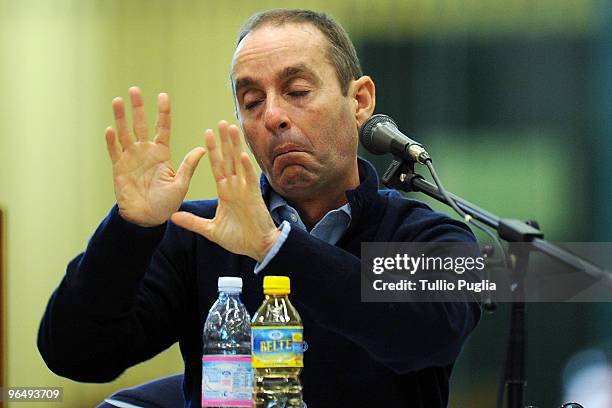 Massimo Ciancimino, son of late former mayor of Palermo Vito Ciancimino, speaks during the Mario Mori trial at the Palermo Bunker Hall on February 8,...