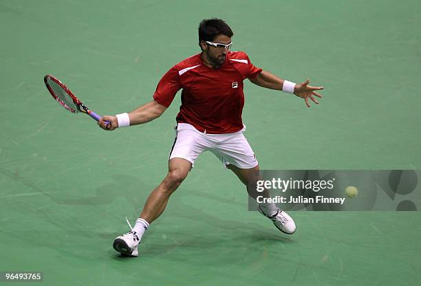 Janko Tipsarevic of Serbia in action against Florian Mayer of Germany during day one of the ABN AMBRO World Tennis Tournament on February 8, 2010 in...