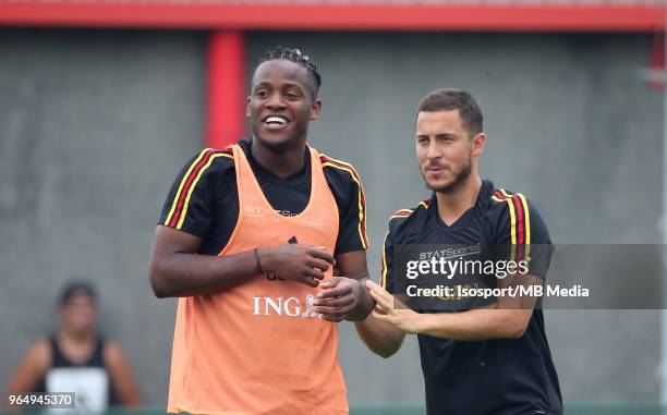 Michy BATSHUAYI and Eden HAZARD pictured during a training session of the Belgian national soccer team " Red Devils " at the Belgian National...