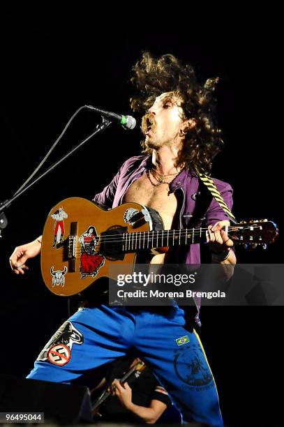 Eugene Hutz of Gogol Bordello performs at the Idroscalo rock on August 29, 2008 in Milan, Italy.