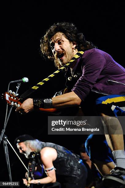 Eugene Hutz of Gogol Bordello performs at the Idroscalo rock on August 29, 2008 in Milan, Italy.