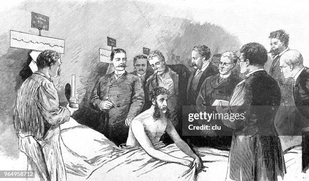 robert koch during a vaccination in the hospital in the presence of other doctors - archival doctor stock illustrations