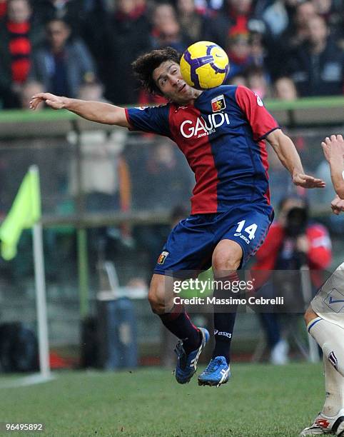 Giuseppe Sculli of Genoa CFC goes up for the ball during the Serie A match between Genoa CFC and AC Chievo Verona at Stadio Luigi Ferraris on...