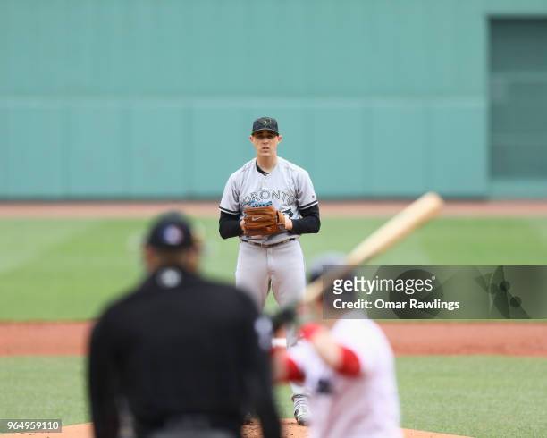 Aaron Sanchez of the Toronto Blue Jays looks on in the bottom of the first inning of the game against the Boston Red Sox at Fenway Park on May 28,...