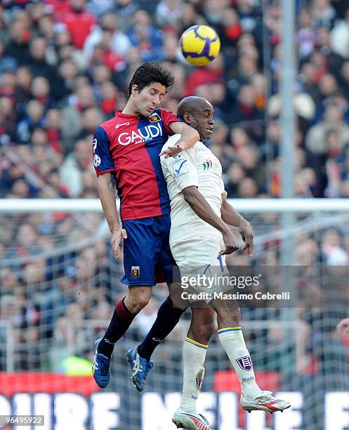 Giuseppe Sculli of Genoa CFC goes up for the ball against Siqueira De Oliveira Luciano during the Serie A match between Genoa CFC and AC Chievo...