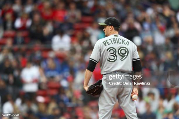 Jake Petricka of the Toronto Blue Jays pitches in the bottom of the eighth inning of the game against the Boston Red Sox at Fenway Park on May 28,...