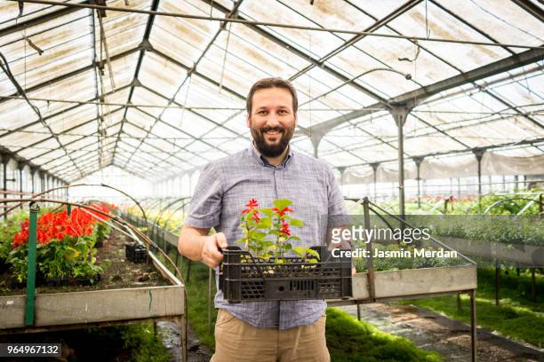 Worker in greenhouse with plants