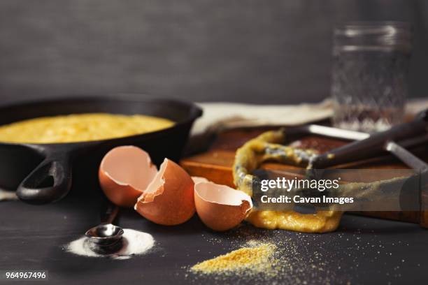 close-up of messy kitchen counter with broken eggshells - close up counter ストックフォトと画像