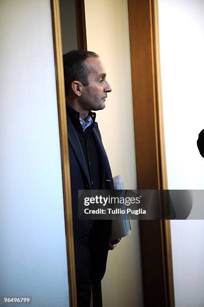 Massimo Ciancimino, son of late former mayor of Palermo Vito Ciancimino, looks on after a session of the Mario Mori trial at the Palermo Bunker Hall...