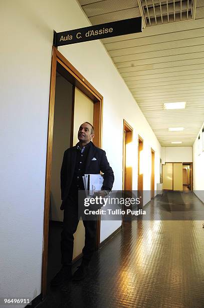 Massimo Ciancimino, son of late former mayor of Palermo Vito Ciancimino, looks on after a session of the Mario Mori trial at the Palermo Bunker Hall...