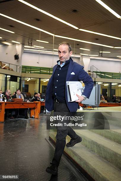 Massimo Ciancimino, son of late former mayor of Palermo Vito Ciancimino, walks out after a session of the Mario Mori trial at the Palermo Bunker Hall...