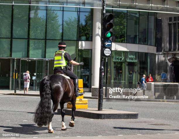 city of london mounted police officer thanking stopped traffic as he crosses a road junction while patrolling the streets around st paul’s cathedral, london, uk - st paul's cathedral london stock pictures, royalty-free photos & images