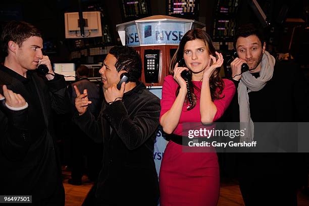 Actors Bryan Greenberg ,Victor Rasuk, Lake Bell, and show creator Ian Edelman ring the opening bell at the New York Stock Exchange on February 8,...