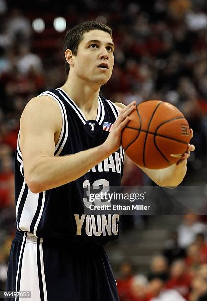 Jimmer Fredette of the Brigham Young University Cougars shoots a free throw during a game against the UNLV Rebels at the Thomas & Mack Center...