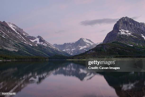 scenic view of swiftcurrent lake against mt. grinnell - grinnell lake bildbanksfoton och bilder