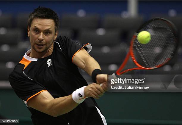 Robin Soderling of Sweden in action against Florent Serra of France during day one of the ABN AMBRO World Tennis Tournament on February 8, 2010 in...
