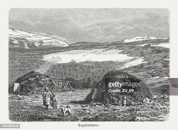 laplanders in northern norway, wood engraving, published in 1897 - sami stock illustrations