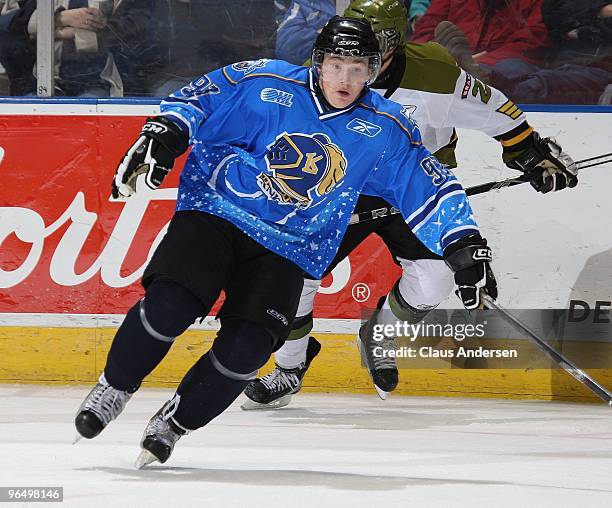 Jared Knight of the London Knights skates in a game against the Brampton Battalion on February 6, 2010 at the John Labatt Centre in London, Ontario....