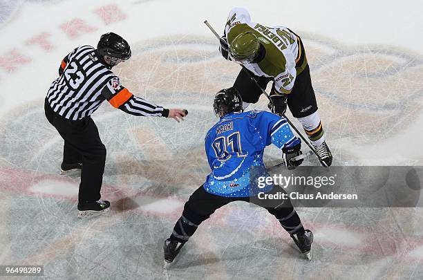 Nazem Kadri of the London Knights gets set to take a faceoff against Domenic Alberga of the Brampton Battalion in a game on February 6, 2010 at the...