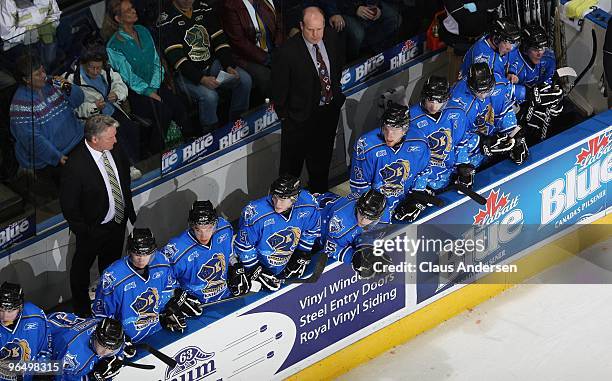 An overview of the London Knights bench in a game against the Brampton Battalion on February 6, 2010 at the John Labatt Centre in London, Ontario....