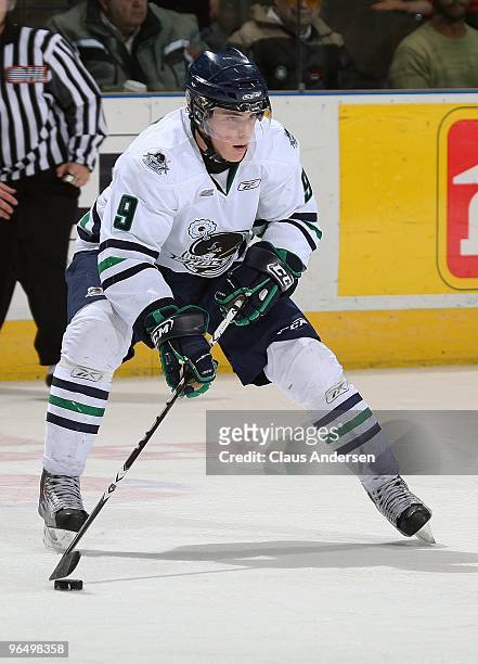 Tyler Seguin of the Plymouth Whalers skates with the puck in a game against the London Knights on February 5, 2010 at the John Labatt Centre in...