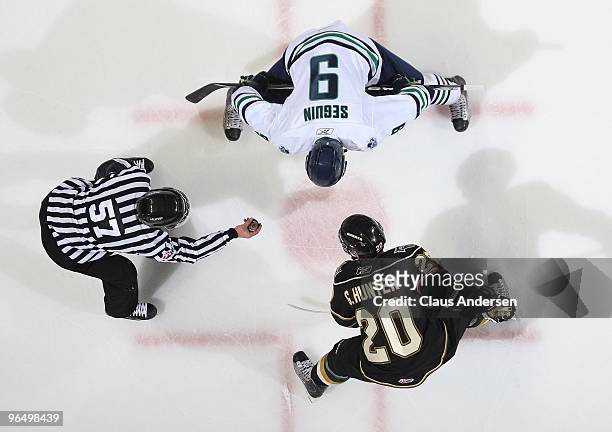 Tyler Seguin of the Plymouth Whalers gets set to take a faceoff against Garett Hunter of the London Knights in a game on February 5, 2010 at the John...