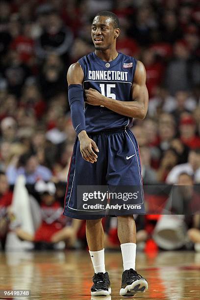 Kemba Walker of the Connecticut Huskies looks on during the Big East Conference game against the Louisville Cardinals on February 1, 2010 at Freedom...