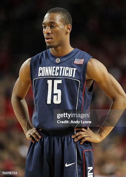 Kemba Walker of the Connecticut Huskies looks on during the Big East Conference game against the Louisville Cardinals on February 1, 2010 at Freedom...