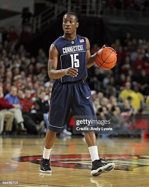 Kemba Walker of the Connecticut Huskies dribbles during the Big East Conference game against the Louisville Cardinals on February 1, 2010 at Freedom...