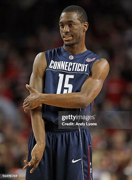 Kemba Walker of the Connecticut Huskies looks on during the Big East Conference game against the Louisville Cardinals on February 1, 2010 at Freedom...