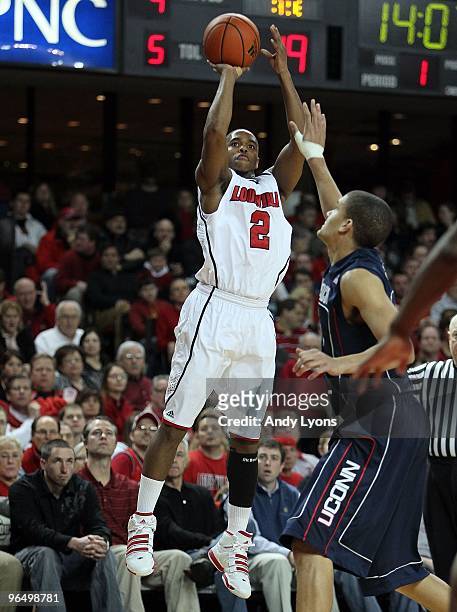 Preston Knowles of the Louisville Cardinals shoots during the Big East Conference game against the Connecticut Huskies on February 1, 2010 at Freedom...