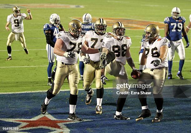 Jeremy Shockey of the New Orleans Saints celebrates after scoring a touchdown against the Indianapolis Colts during Super Bowl XLIV on February 7,...